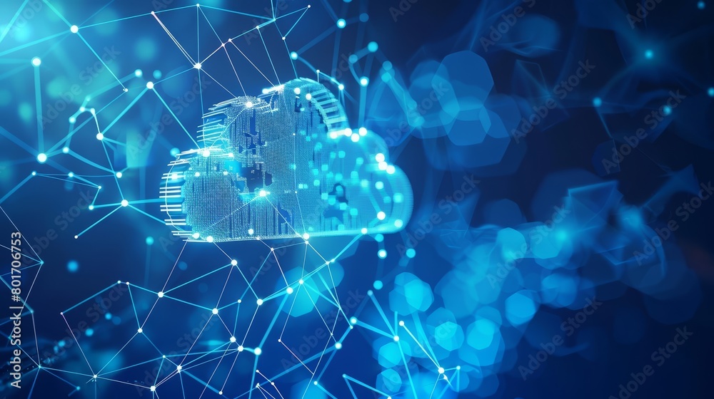 Networking cables and cloud computing icons fuse with abstract blue geometric hexagon shapes