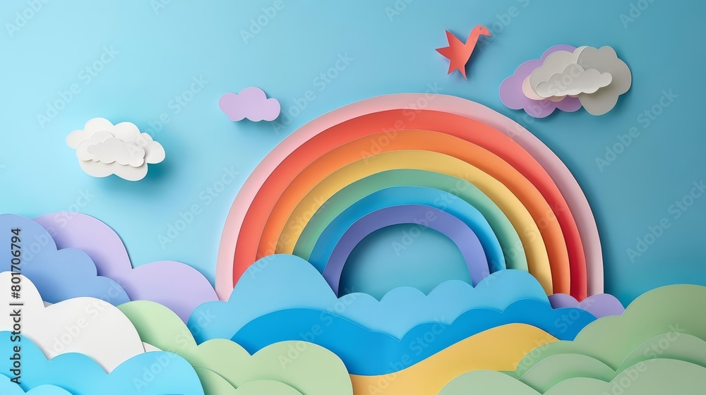 On National Coming Out Day, a paper rainbow arches boldly across the sky, paper art style concept