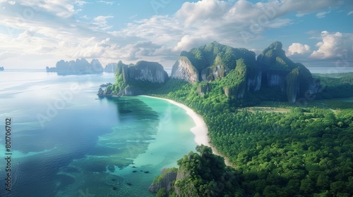 Lush green landscapes and serene beaches define the tranquil beauty of Thailand in this tourist destination website banner, banner background concept 3D with copy space photo