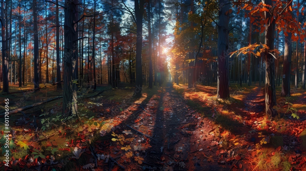 Panorama landscape of twilight descending upon an autumn forest