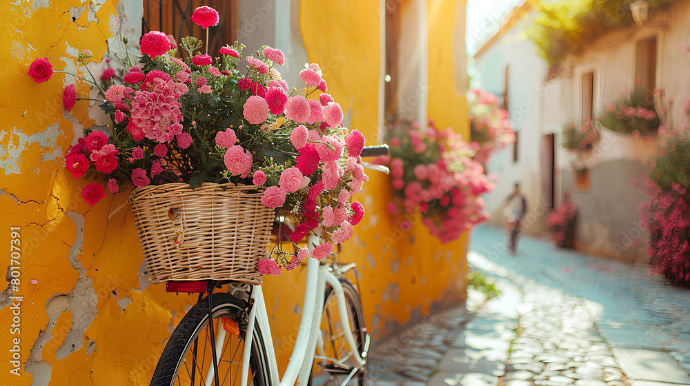 Bicycle with flowers in a straw basket near the wall of a beautiful house in the sun Summer mood