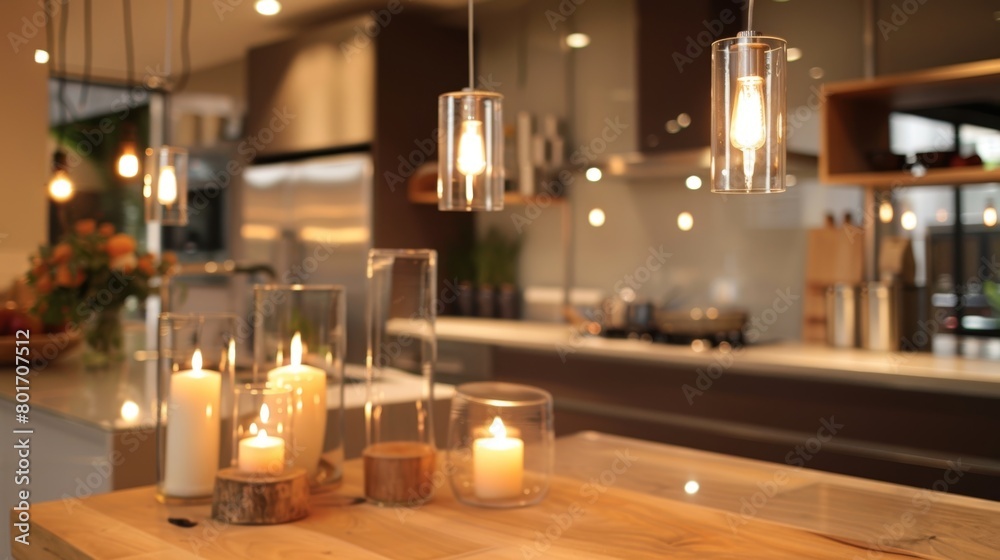 A whimsical touch to a modern kitchen with sleek suspended candles adding a touch of romance to the space. 2d flat cartoon.