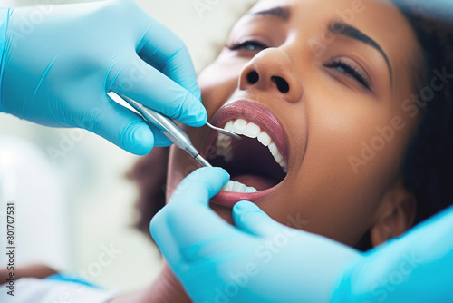 Close-up view of an African-descendant woman taking care of her oral health in a dental office.