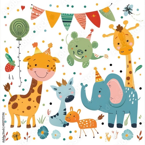 kids birthday card  cartoon animals pastel colors