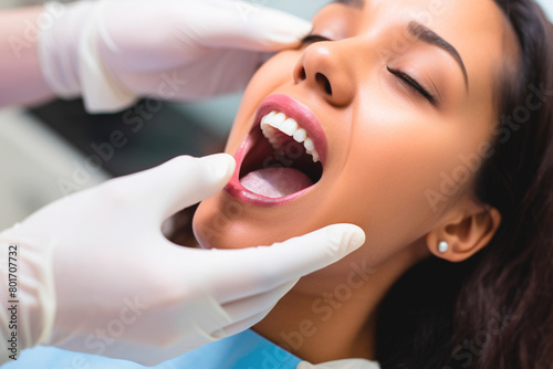 Detailed image of well-maintained teeth being treated by dentist. Dental treatment and dental plan.