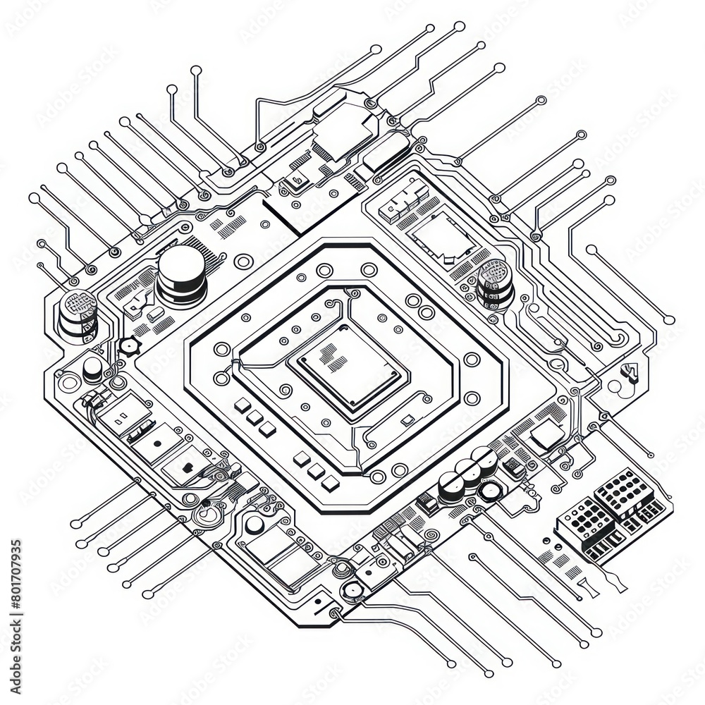 circuit board black line drawing of a pcb on a white background