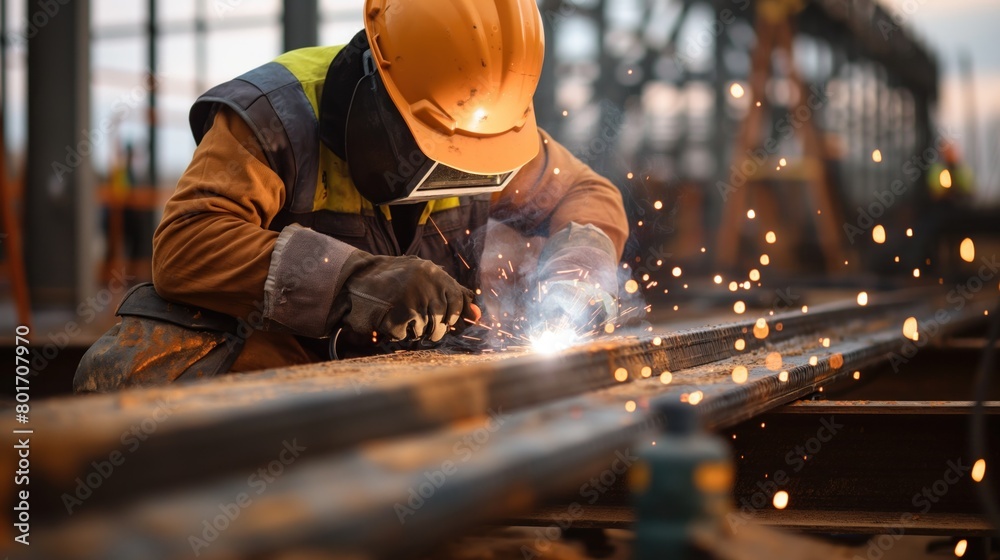 A close-up of a construction worker in a hard hat and high-visibility vest