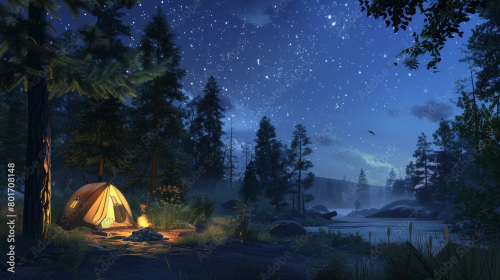 A panoramic view of a campsite at night, AI Generative