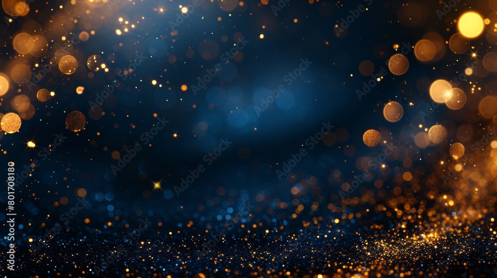 © sorapop - A mesmerizing abstract background featuring the serene beauty of dark blue complemented by the radiance of golden particles. The festive glow of Christmas golden lights introduces, AI Generative © sorapop - A mesmerizing abstract background featuring the serene beauty of dark blue complemented by the radiance of golden particles. The festive glow of Christmas golden lights introduces, AI Generative