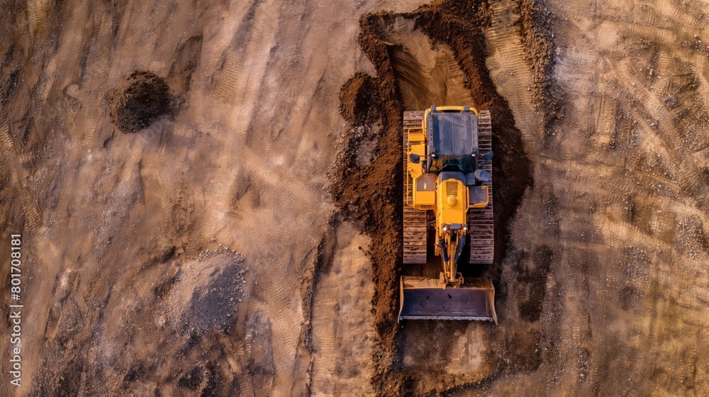 A top-down view of a construction worker operating a bulldozer