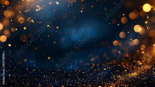 A mesmerizing abstract background featuring the serene beauty of dark blue complemented by the radiance of golden particles. The festive glow of Christmas golden lights introduces  AI Generative