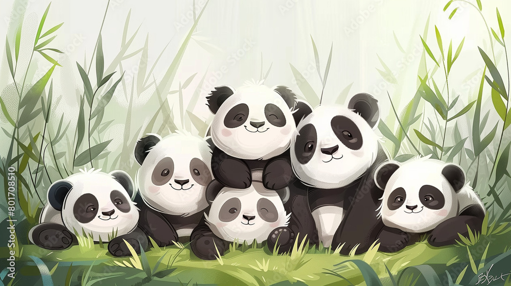 Group of cutie happy pandas with bamboo. AI generative Group of cutie happy pandas with bamboo. AI generative