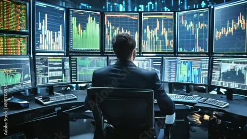 Forex traders Man in front of multiple computer monitors Automated computer monitor of business processes from financial stock analysis data graphs.
 photo