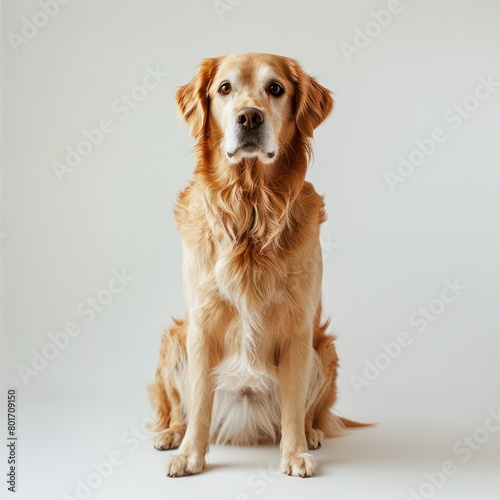 dog sitting down on white background