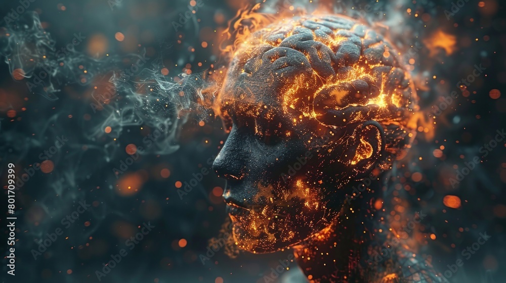 Conceptual brain in thought, blending with cosmic elements, exploring the mind's universe, dusk ambiance, AI Generative Conceptual brain in thought, blending with cosmic elements, exploring the mind's universe, dusk ambiance, AI Generative