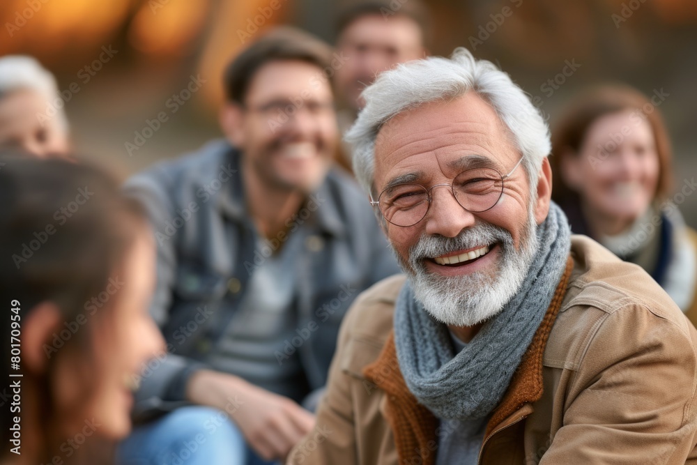 Portrait of happy senior man with his family in the background. Portrait of happy senior man with his family in the background.