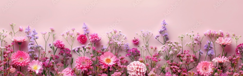 Pastel Floral Arrangement: Top View of Pink and Purple Blooms on Soft Background