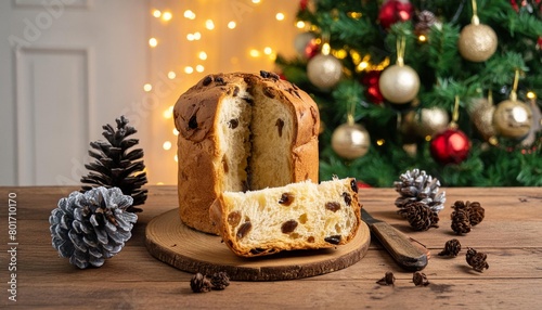 Italian Christmas Dessert: A freshly sliced panettone bread with dried fruits