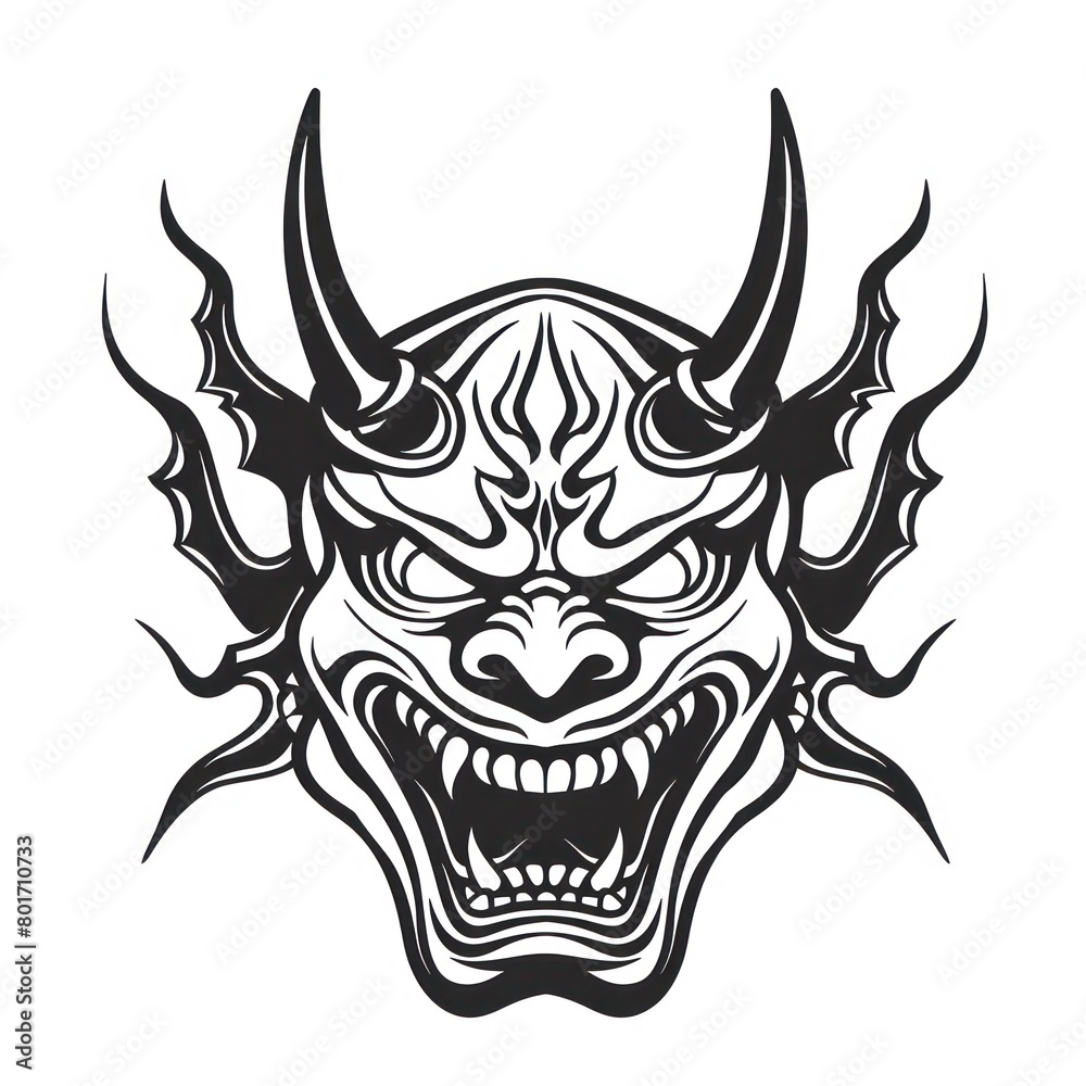 black oni tattoo illustration, solid white background black oni tattoo illustration, solid white background