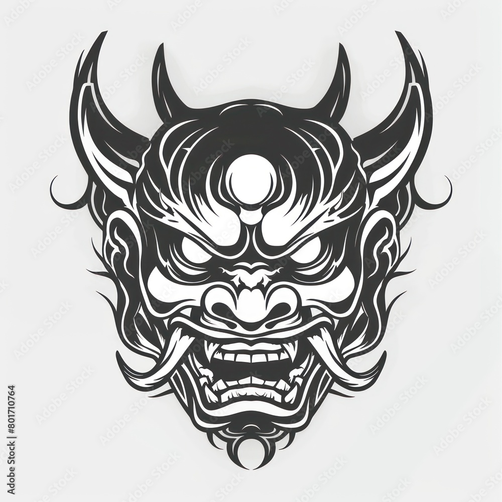 black oni tattoo illustration, solid white background