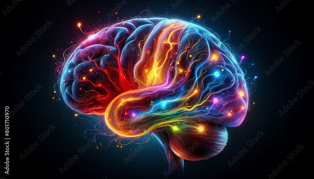 A human brain depicted with vibrant, flowing colors and light, illustrating the dynamic and emotional activity within the mind. The colors and movements represent different thoughts and states. A human brain depicted with vibrant, flowing colors and light, illustrating the dynamic and emotional activity within the mind. The colors and movements represent different thoughts and states.
