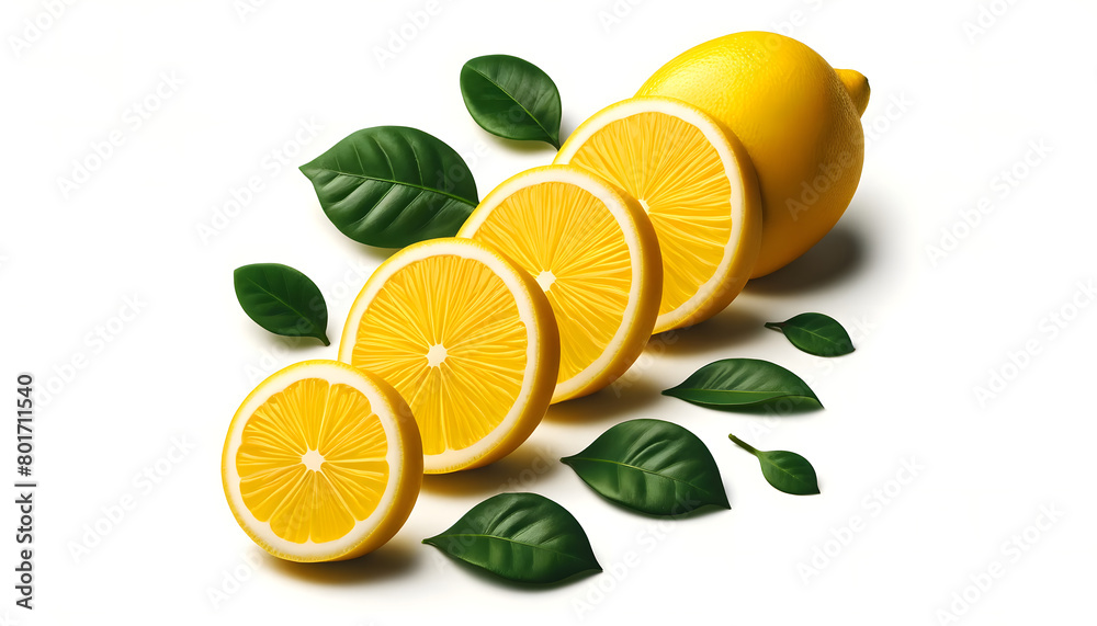 a series of fresh, ripe lemons cut into perfect slices, accompanied by lush green leaves a series of fresh, ripe lemons cut into perfect slices, accompanied by lush green leaves
