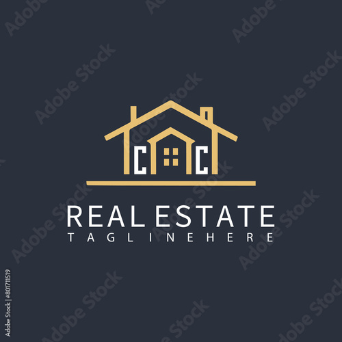 CC monogram logo for real estate with home shape creative design.