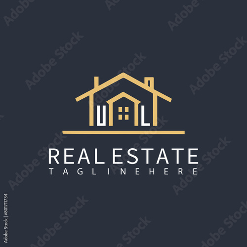 UL monogram logo for real estate with home shape creative design.