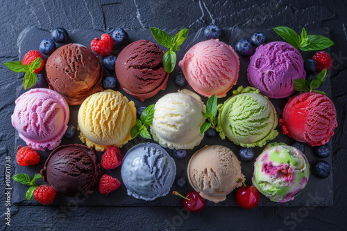 A colorful assortment of ice cream balls with various flavors and fresh berries on dark background, top view. Ice Cream cementing the memory of summer in people's hearts