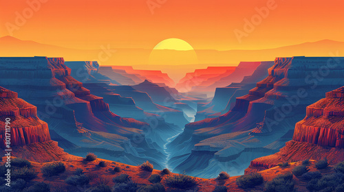 
Grand Canyon scene, iconic view of the Grand Canyon, American highway imagery, bold, illustration for a tech company, light gradients, striped photo
