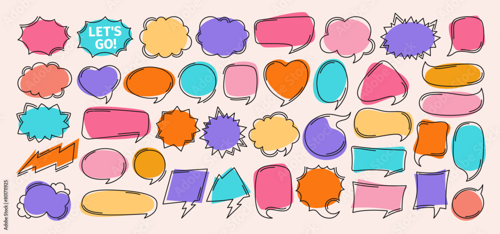 Speech bubble comic doodle chatting box set. Contour empty design elements dialog clouds message box. Speech thought blobs comics book, balloon banner for speak text. Line vector illustration isolated