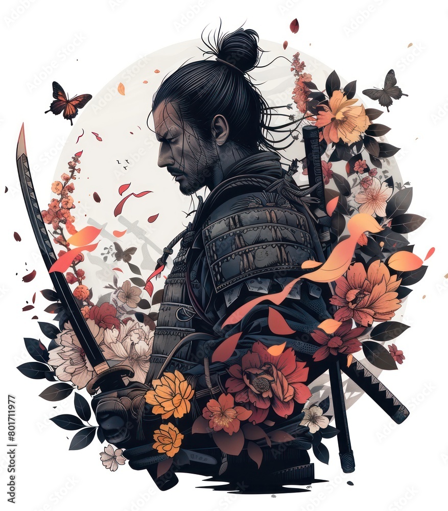 Fototapeta premium samurai surrounded by flowers on a white background