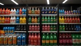 Various carbonated soft drinks kept for sale at a hypermarket shelf.Various carbonated soft drinks kept for sale at a hypermarket shelf.Generative AI
