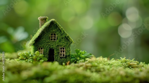 green macro house with moss texture on moss surface