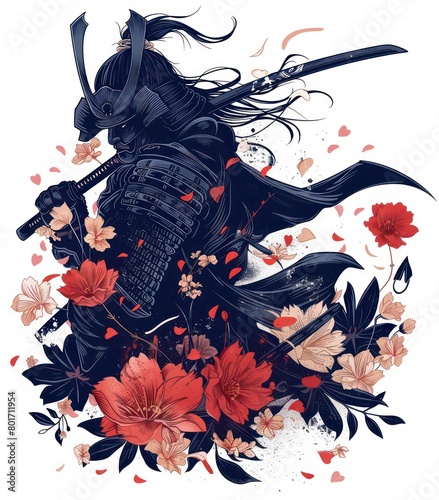 samurai surrounded by flowers on a white background