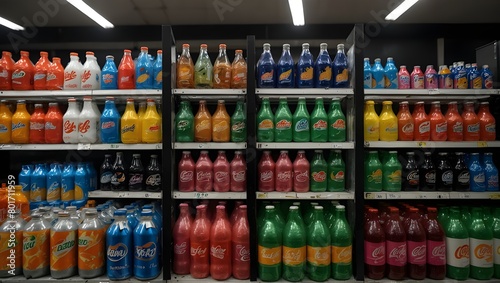 Various carbonated soft drinks kept for sale at a hypermarket shelf.Various carbonated soft drinks kept for sale at a hypermarket shelf.Generative AI