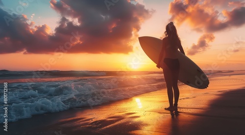 silhouette girl surfer with board watching sunset on the beach photo