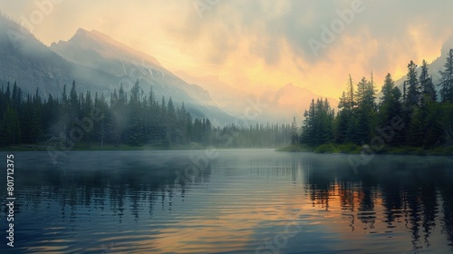 smoky Bow Lake, Banff, Alberta, photorealistic, AI Generative