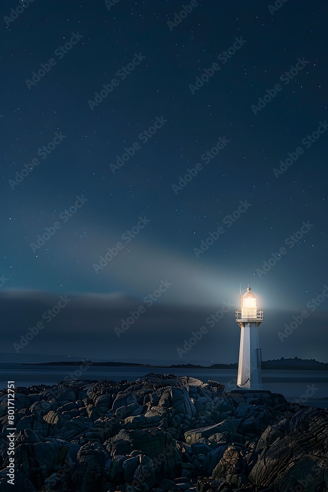 Lone Lighthouse on Rugged Coastal Rocks Guiding Ships Through the Night