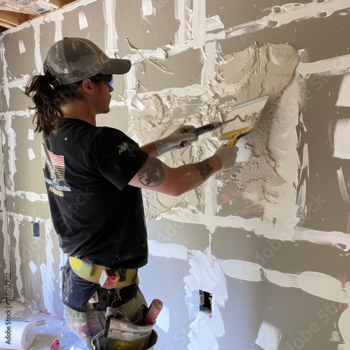 a person applying joint compound to the seams of a drywall installation photo