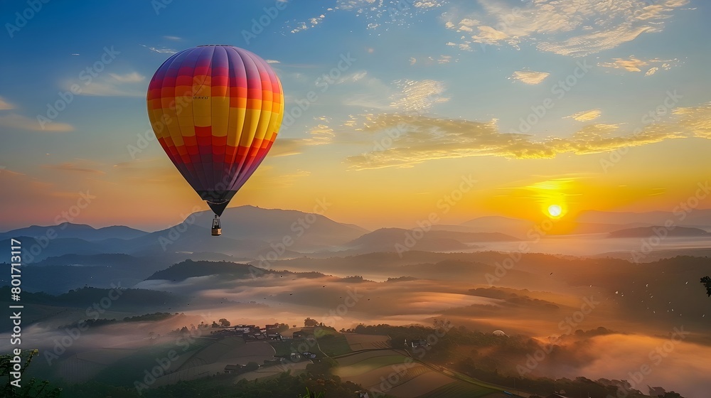 Colorful Hot Air Balloon Ascending Over Misty Mountainous Landscape at Breathtaking Sunrise