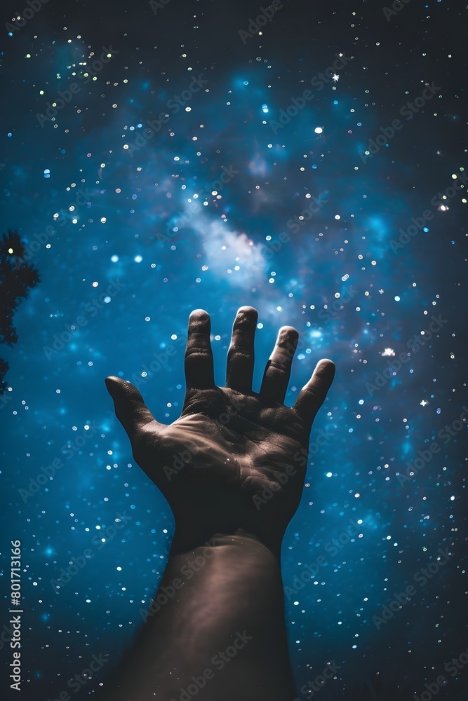 Hand Reaching for the Stars in Starry Night Sky Representing Ambition and Pursuit of Goals Hand Reaching for the Stars in Starry Night Sky Representing Ambition and Pursuit of Goals