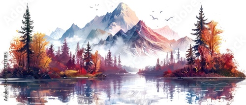 mountain with trees and water   watercolor painting  white background