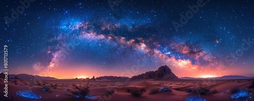Milky Way arching over a serene desert, bioluminescent plants softly glowing, a night of natural wonders