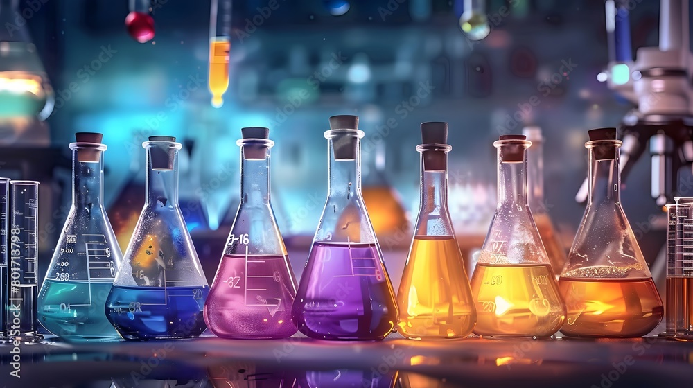 A collection of beakers and test tubes filled with colorful liquids is set against the backdrop of many glassware bottles used for technical medicine research equipment in a chemistry lab.