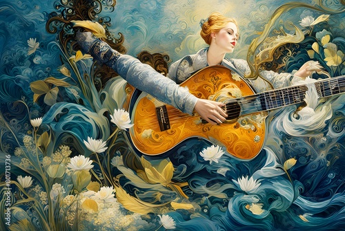 Beautiful Glamour Double Exposed Vintage, Daylight, Ice-Based, Spring Sci-Fi Glass Frozen Transparent Guitar, 19th Century Elegant Expression, Klimt Van Gogh ai generative, 생성형, 통기타