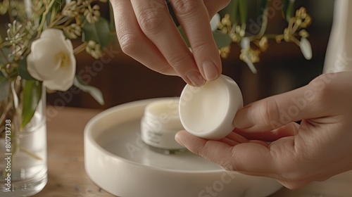 Close-up of woman s hands holding and opening a jar of face cream. The cream is natural and organic  and is made with the finest ingredients.