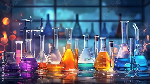 A collection of beakers and test tubes filled with colorful liquids is set against the backdrop of many glassware bottles used for technical medicine research equipment in a chemistry lab.