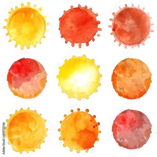 sun watercolor stains, orange red yellow circle, flaming crown photo