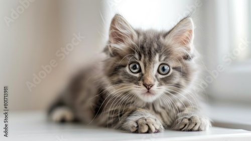 Cute long-haired gray kitten with beautiful big blue eyes Ai generated